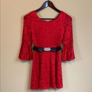 Red Lace Overlay Fit & Flare Dress